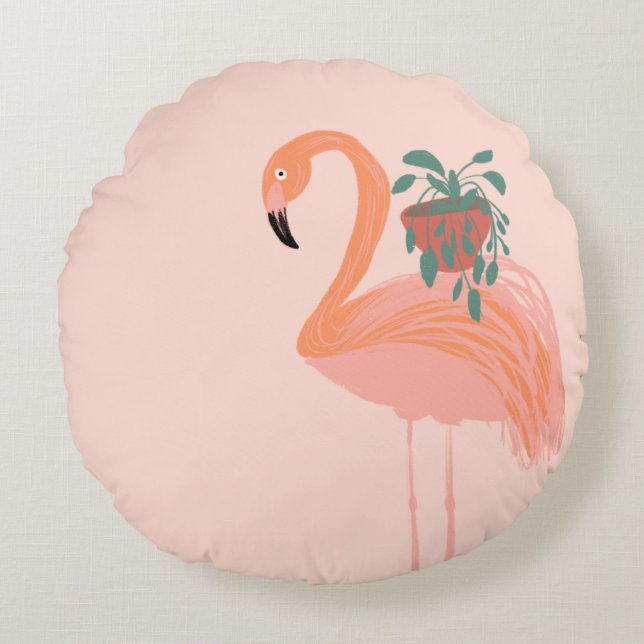 Tropical Flamingo with Potted Plant Hand Drawn    Round Pillow (Front)