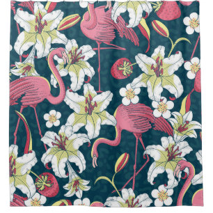 Tropical Flamingoes and Lilies Seamless Pattern