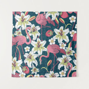 Tropical Flamingoes and Lilies Seamless Pattern Tapestry