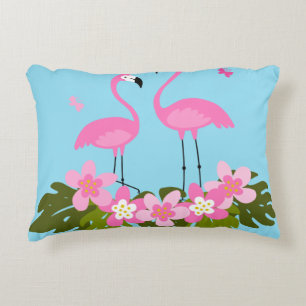 Tropical Flamingos and Floral Illustration Accent Pillow