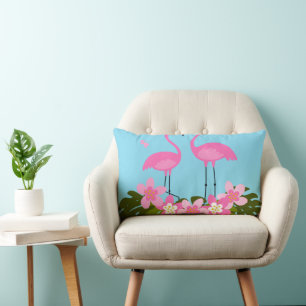 Tropical Flamingos and Floral Illustration Lumbar Pillow
