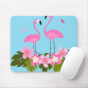 Tropical Flamingos and Floral Illustration Mouse Pad
