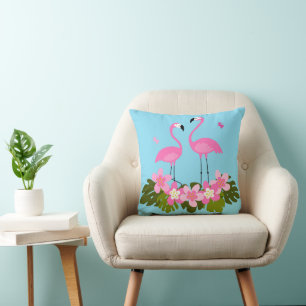 Tropical Flamingos and Floral Illustration Throw Pillow