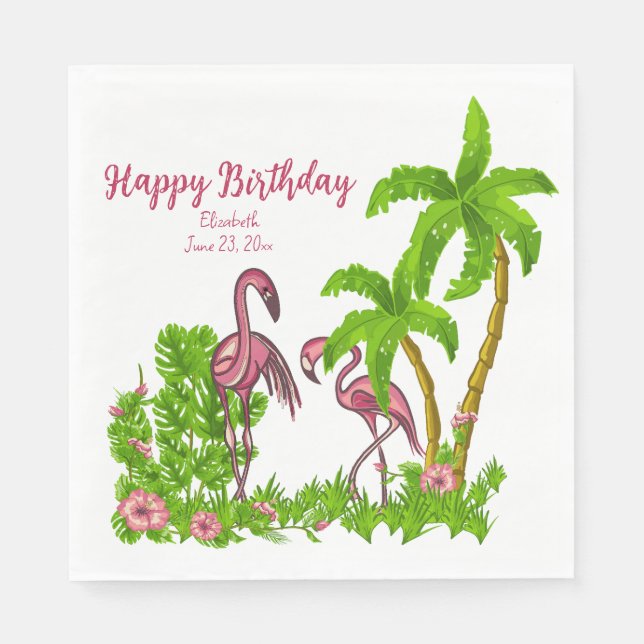 Tropical Flamingos and Flowers Paper Napkin (Front)