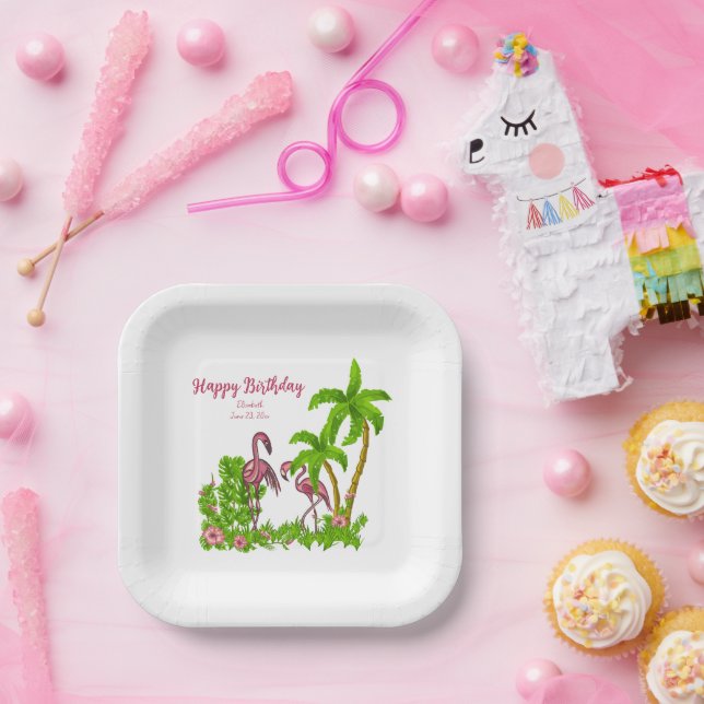 Tropical Flamingos and Flowers Paper Plate (Party)