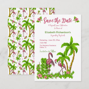 Tropical Flamingos and Flowers Save The Date Invitation