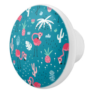 Tropical Flamingos Floral Ceramic Knob