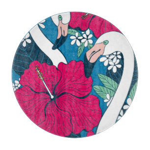 Tropical Flamingos: Hibiscus Plumeria Background. Cutting Board