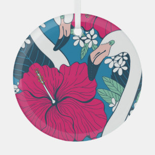 Tropical Flamingos: Hibiscus Plumeria Background. Glass Ornament