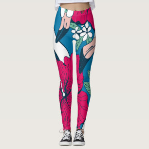 Tropical Flamingos: Hibiscus Plumeria Background. Leggings