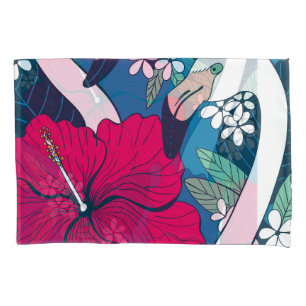 Tropical Flamingos: Hibiscus Plumeria Background. Pillowcase