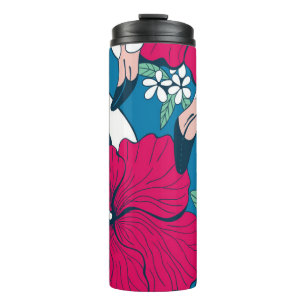 Tropical Flamingos: Hibiscus Plumeria Background. Thermal Tumbler