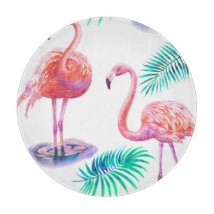 Tropical Flamingos: Orchids Watercolor Seamless. Cutting Board