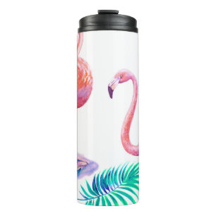 Tropical Flamingos: Orchids Watercolor Seamless. Thermal Tumbler