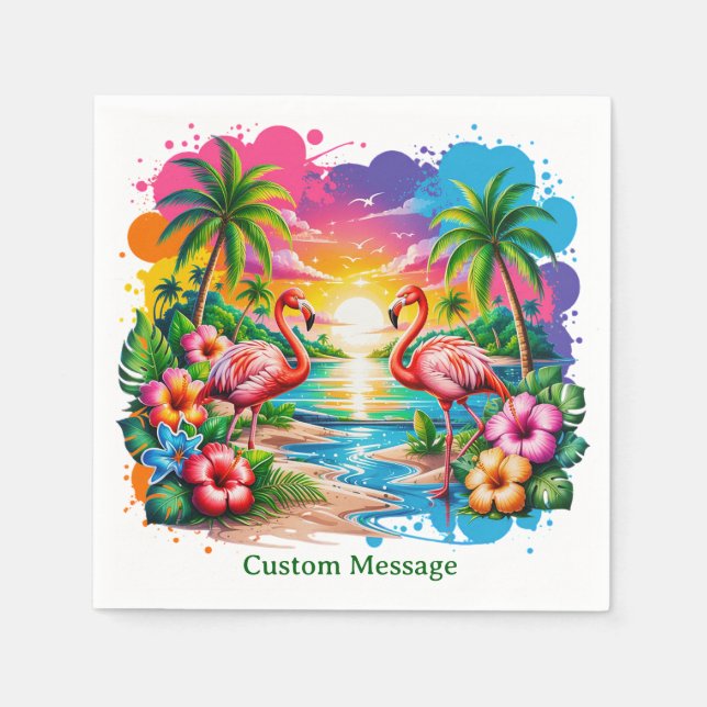 Tropical Flamingos Paradise Sunset Personalized Napkin (Front)