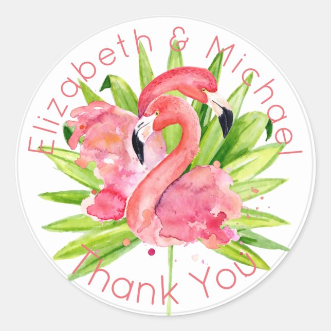 Tropical Flamingos Pink Thank You Favour Packaging Classic Round Sticker (Front)