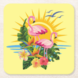 Tropical Flamingos Sunshine and Flowers Square Paper Coaster