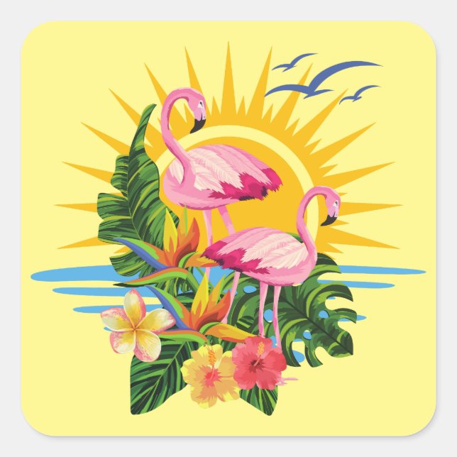 Tropical Flamingos Sunshine and Flowers  Square Sticker (Front)