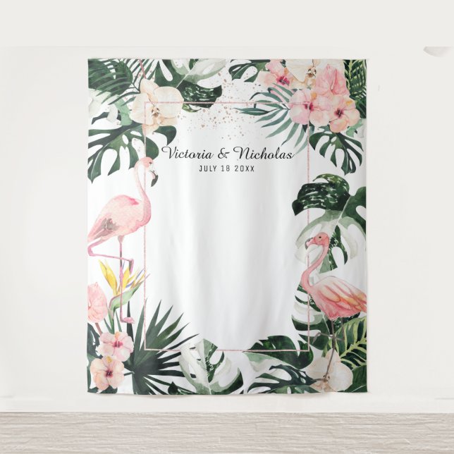 Tropical Flamingos Wedding Photo Booth Backdrop Tapestry (Front)
