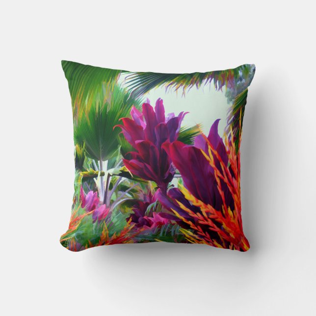 Tropical Flora and Palm Leaves Throw Pillow (Front)