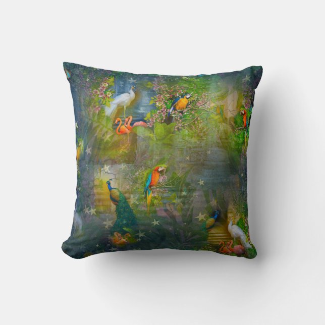 Tropical Flora Paradise & Parrots Throw Pillow (Front)
