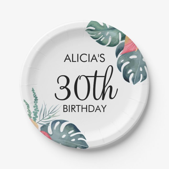 Tropical Flora Pink Anthurium & Monstera Birthday Paper Plate (Front)