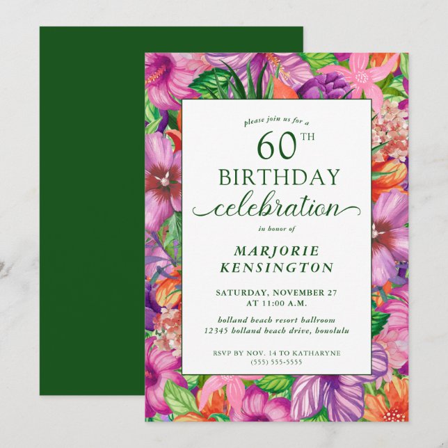 Tropical Floral 60th Birthday Party Invitation (Devant / Derrière)