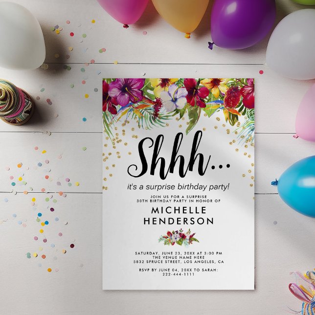 Tropical Floral Adult Surprise Birthday Party Invitation (Creator Uploaded)
