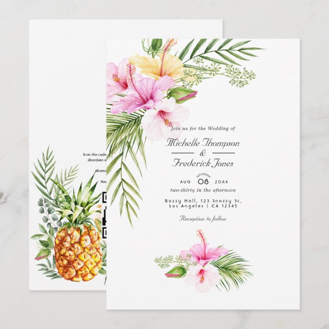 Tropical Floral Aloha QR Code RSVP Wedding Invitation (Front/Back)