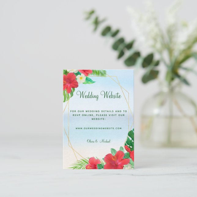 Tropical Floral and Gold Beach Wedding Website Enc Enclosure Card (Standing Front)