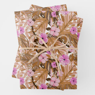 Tropical Floral and Leaves Wrapping Paper Sheet