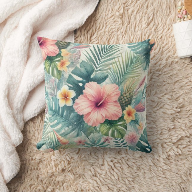 Tropical Floral and Palm Leaves Throw Pillow (Blanket)