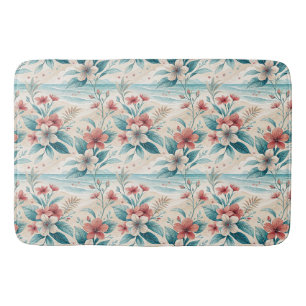 Tropical Floral Aqua Coral Coastal Elegance Design Bath Mat