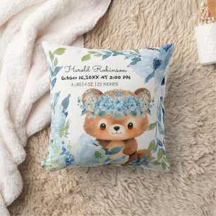 Tropical Floral Baby Boy Birth Stats Throw Pillow