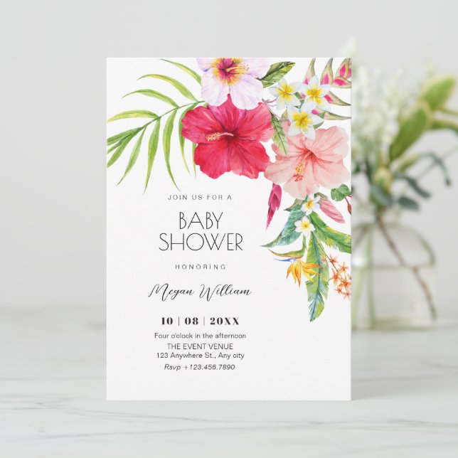 Tropical floral baby shower invitation (Standing Front)