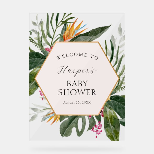 Tropical Floral Baby Shower Welcome Acrylic Sign (Front)