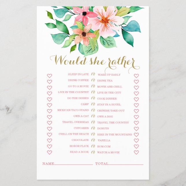 Tropical floral beach bridal shower Game Flyer (Front)
