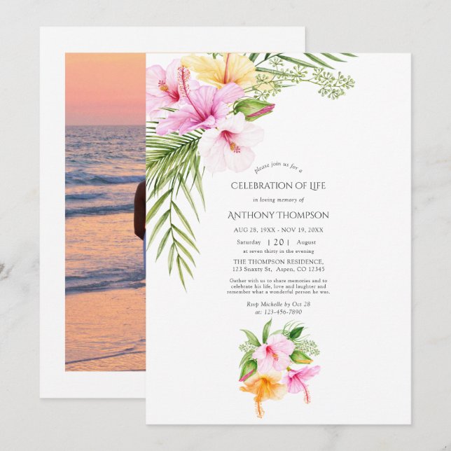 Tropical Floral Beach Celebration of Life Invitation (Front/Back)