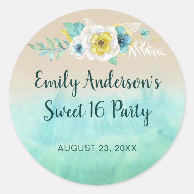 Tropical Floral Beach Sweet 16 Birthday Classic Round Sticker (Front)