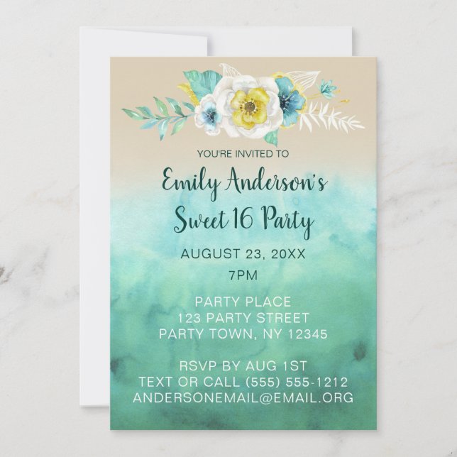 Tropical Floral Beach Theme Sweet 16 Birthday Invitation (Front)