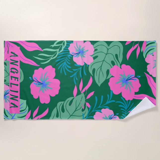 Tropical Floral Beach Vacations Custom Name Beach Towel (Front)