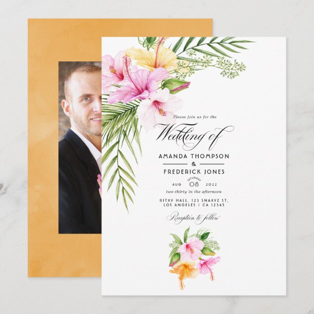 Tropical Floral Beach Wedding Photo Invitation (Front/Back)