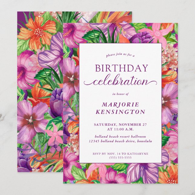 Tropical Floral Birthday Celebration Party Invitation (Front/Back)