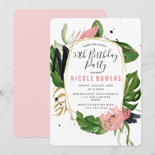 Tropical Floral Birthday Party Invitation (Front/Back)