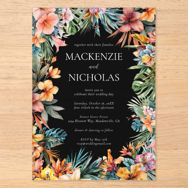 Tropical Floral Black Acrylic Wedding  Invitation (Front)