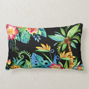 Tropical Floral Black Lumbar Pillow