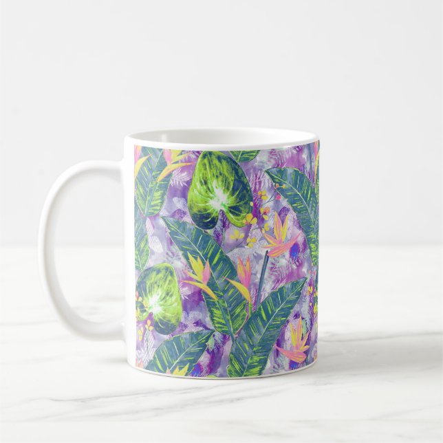 Tropical floral, Botanical, lilac, green, pink, fl Coffee Mug (Left)