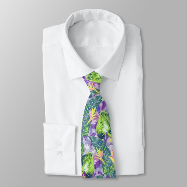 Tropical floral, Botanical, lilac, green, pink Tie (Tied)