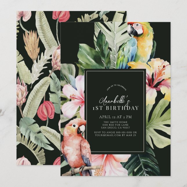 Tropical Floral & Botanical Parrot 1st Birthday Invitation (Front/Back)