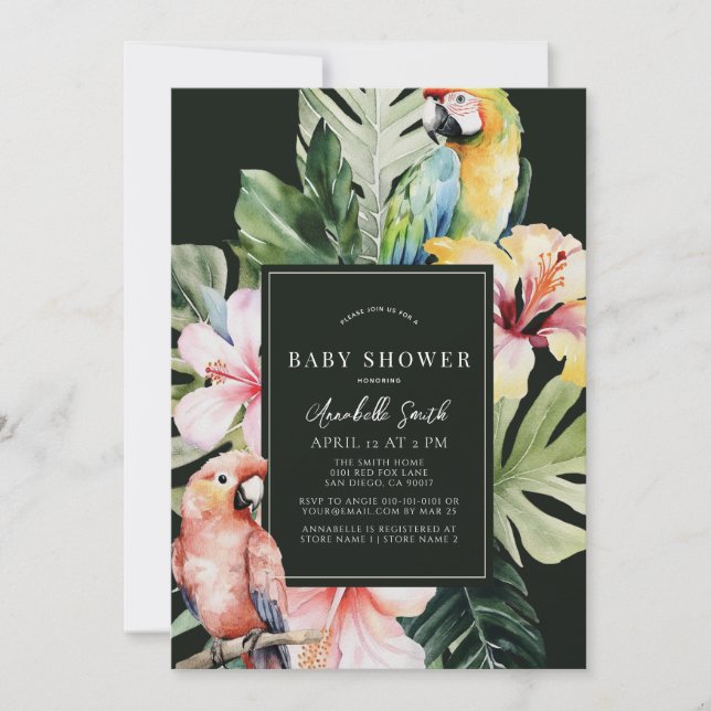 Tropical Floral & Botanical Parrot Baby Shower Invitation (Front)